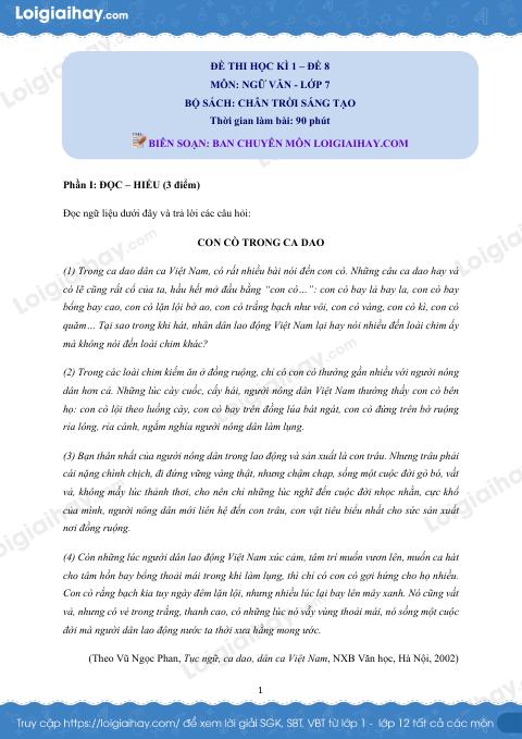 Đề thi học kì 1 Văn 7 Chân trời sáng tạo - Đề số 8